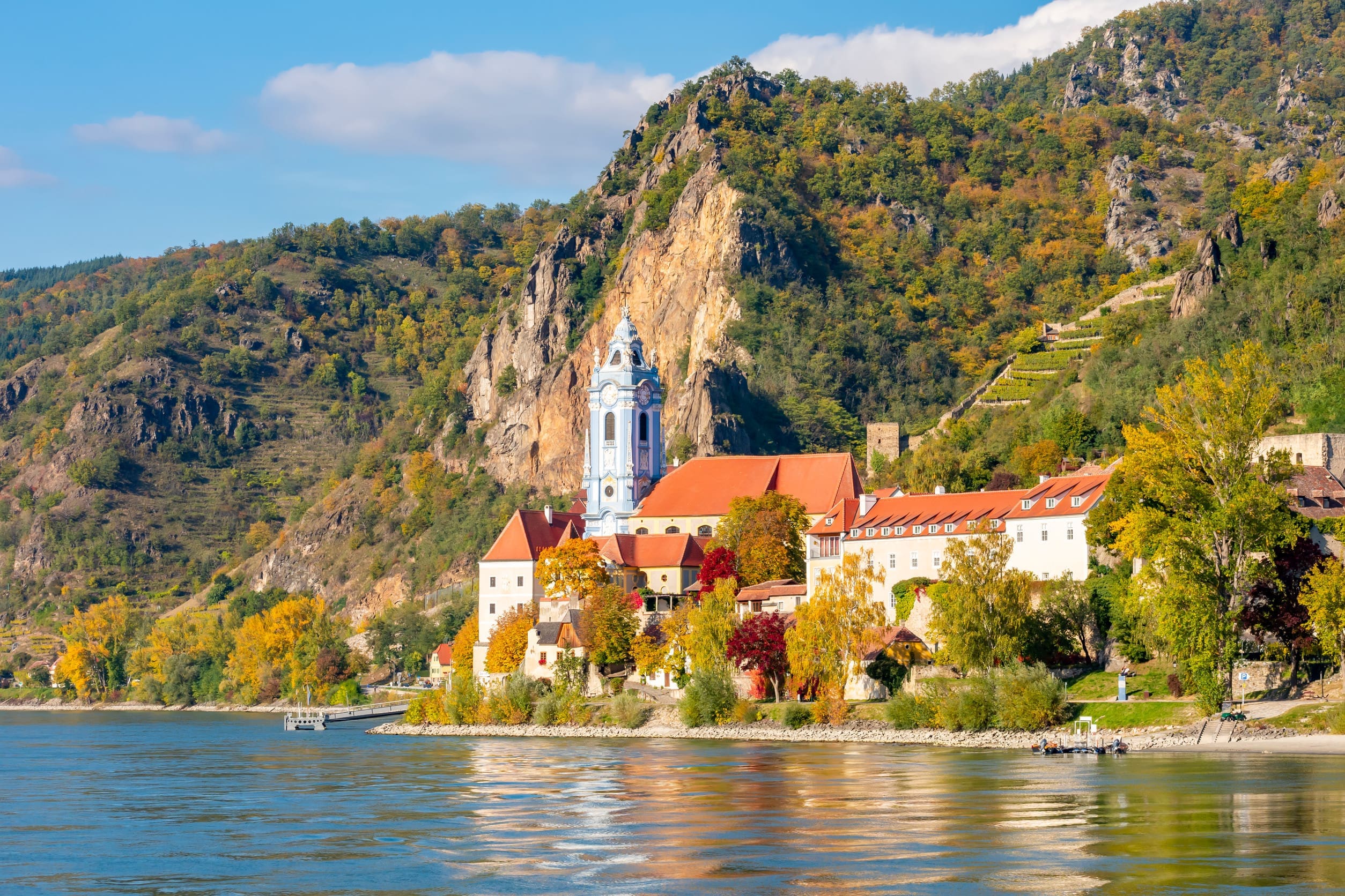 奧地利瓦豪河谷 (Wachau Valley) 的風景照片，主要焦點是多瑙河畔的杜倫施泰因 (Dürnstein) 小鎮及其著名的藍白教堂。