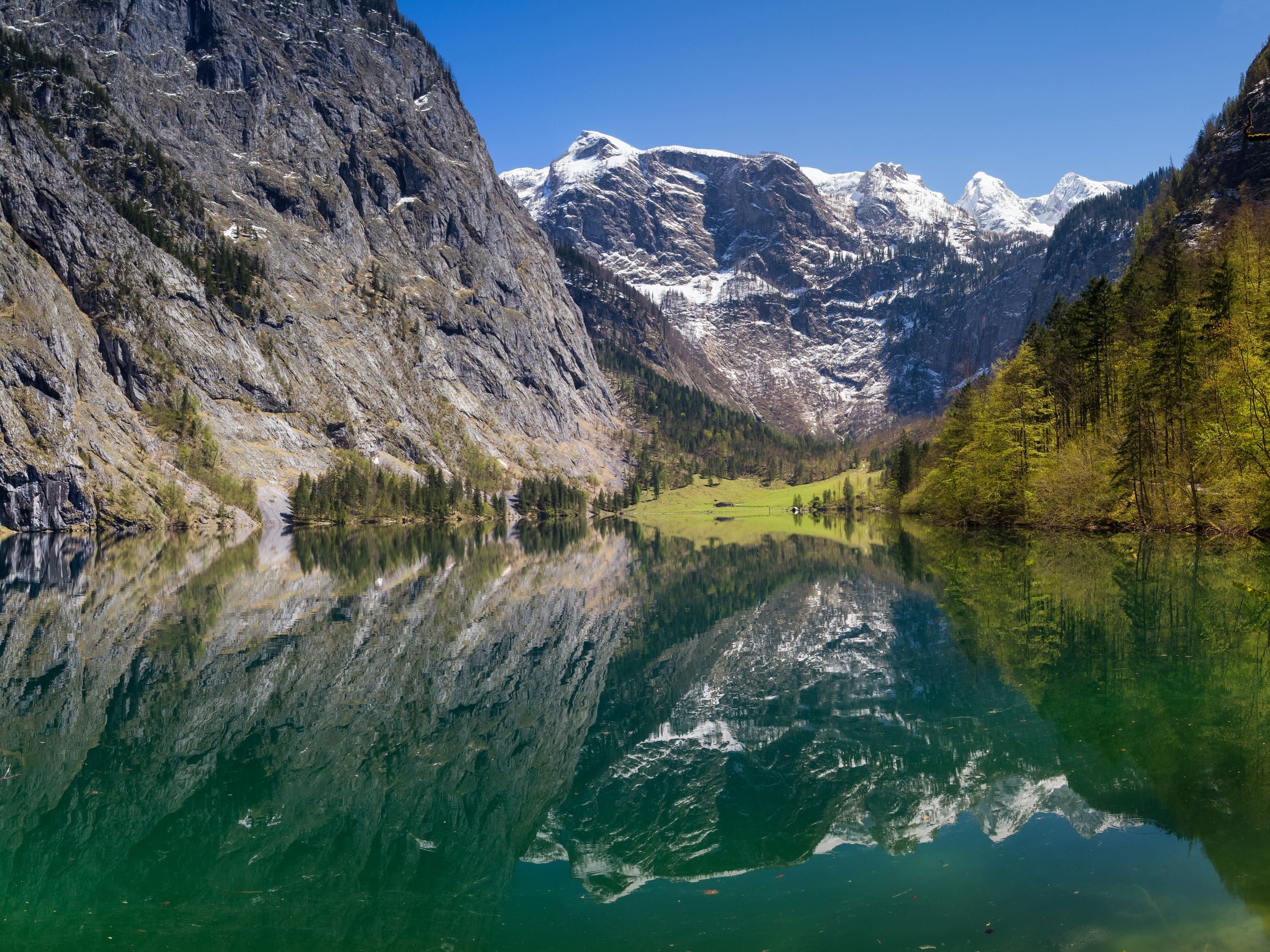 一張壯麗的山景照片，拍攝的是國王湖 (Königssee) 的一個峽灣或上湖 (Obersee) 的景色，湖水呈深綠色。
